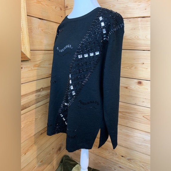 Vintage Women's Black Sweater Oversized Bejewelled Sparkles Shimmer Large - Picture 2 of 5